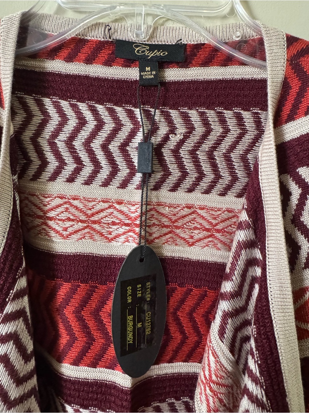 Cupio Red & Burgundy Asymmetrical Patterned Sleeveless Cardigan Vest - Picture 3 of 7